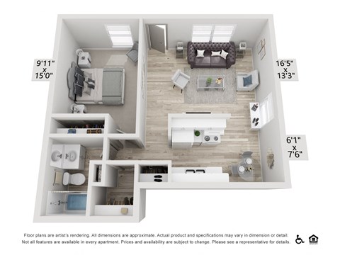Floor plan for 1 bed, 1 bath, 550 sqft